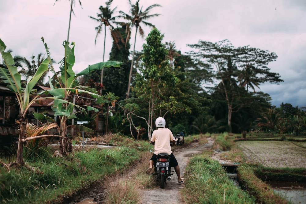 A man driving a scooter through narrow Balinese village paths.